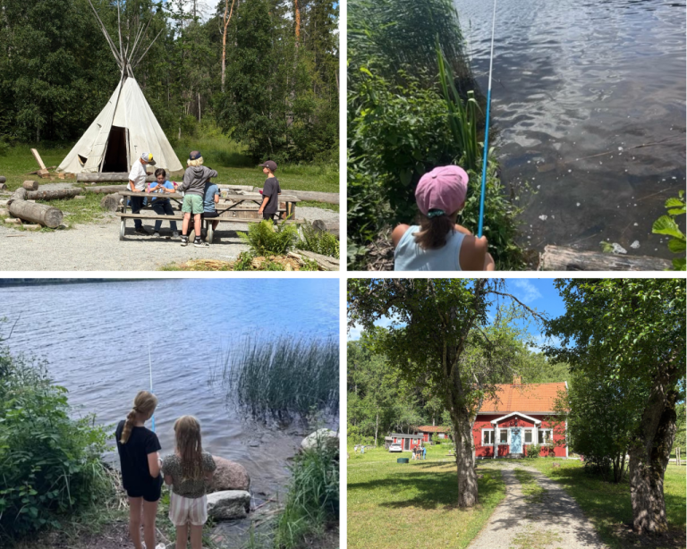 Ett bildkollage från en sommarutflykt i naturen. Övre vänster: barn och vuxna sitter vid en träbänk framför en traditionell tipi i skogsmiljö. Övre höger: ett barn metar från strandkanten vid en sjö. Nedre vänster: två barn står vid vattnet med fiskespön. Nedre höger: en röd stuga med vita detaljer ligger omgiven av grönska och träd.